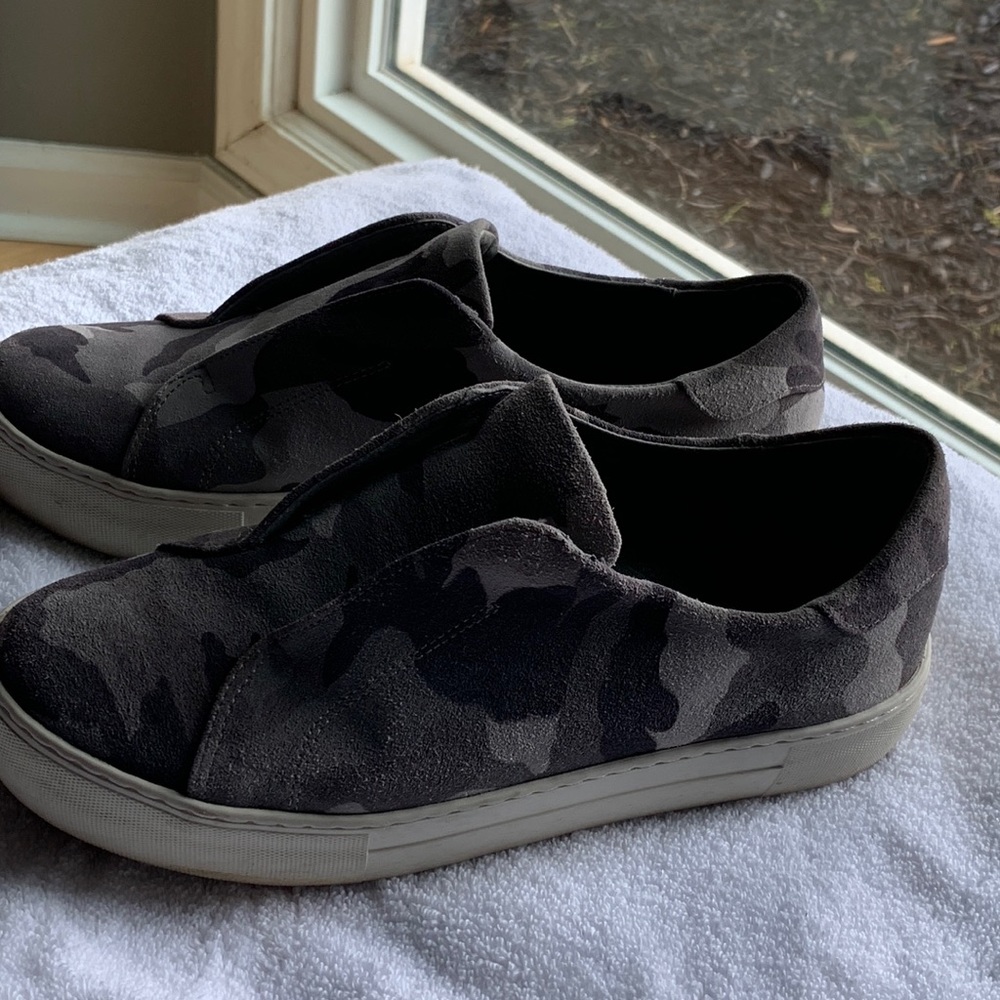 J/Slides Harry Camo Suede Sneakers. Slip-on style. Gray with white platform.